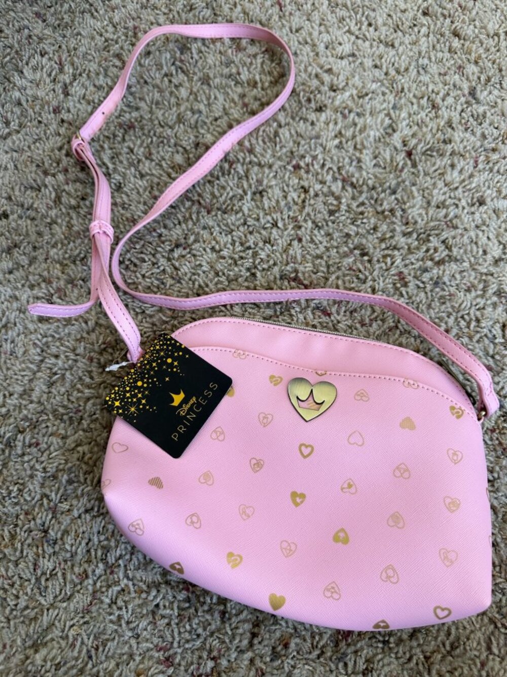 Disney Princess Pink Small Crossbody Bag Gold Hearts Design Adjustable Strap NEW